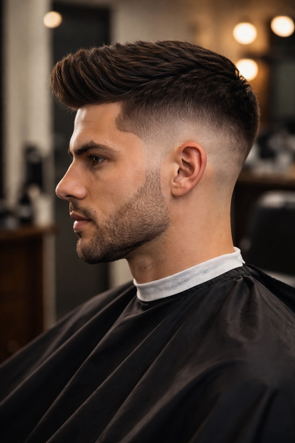 Close-up of Classic Temple Fade showing smooth blend at temple with sideburns