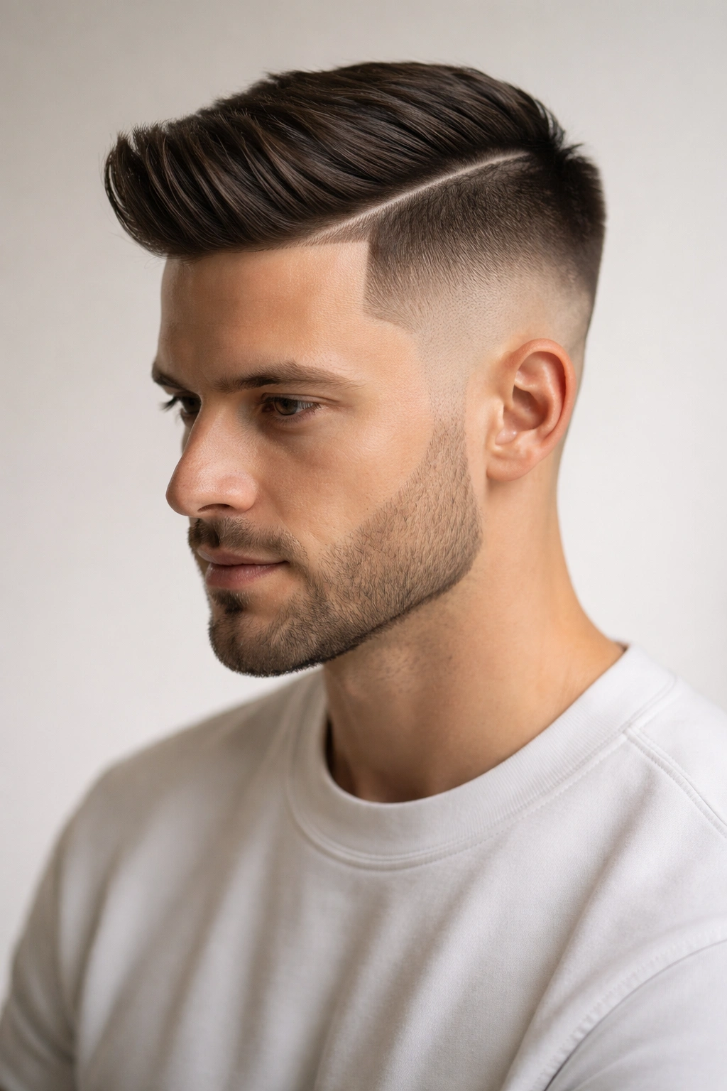 Head-and-shoulders portrait showing temp fade with a hard part line