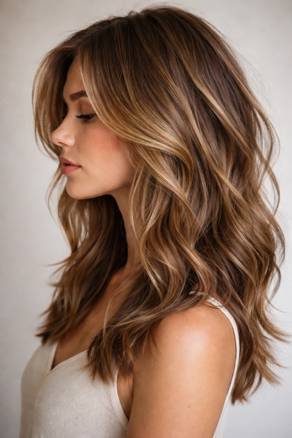 Medium-length textured hair with angled layers in a studio portrait