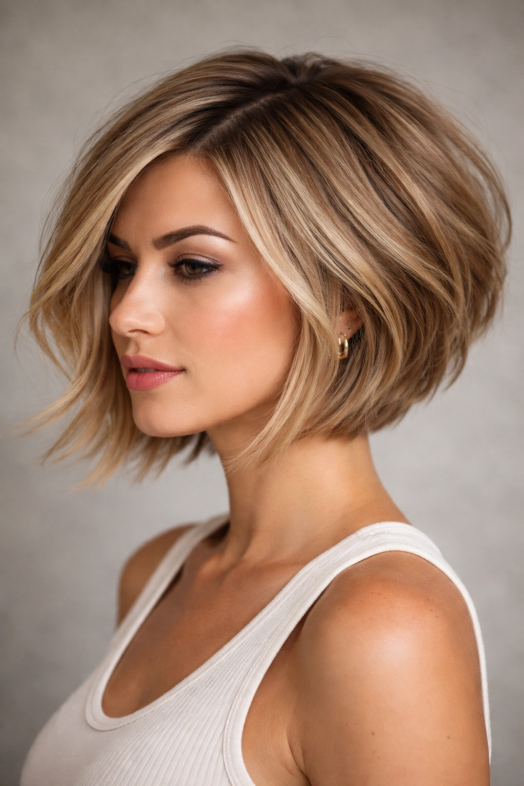 Angled textured stacked bob with short back and longer front showing movement