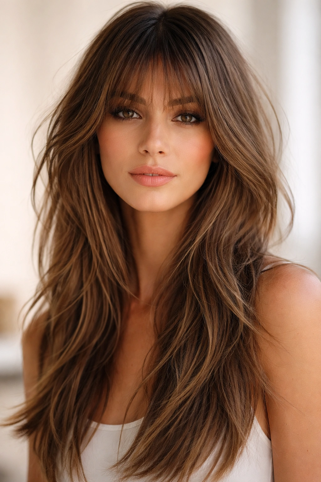 Textured bangs with long choppy layers for movement.