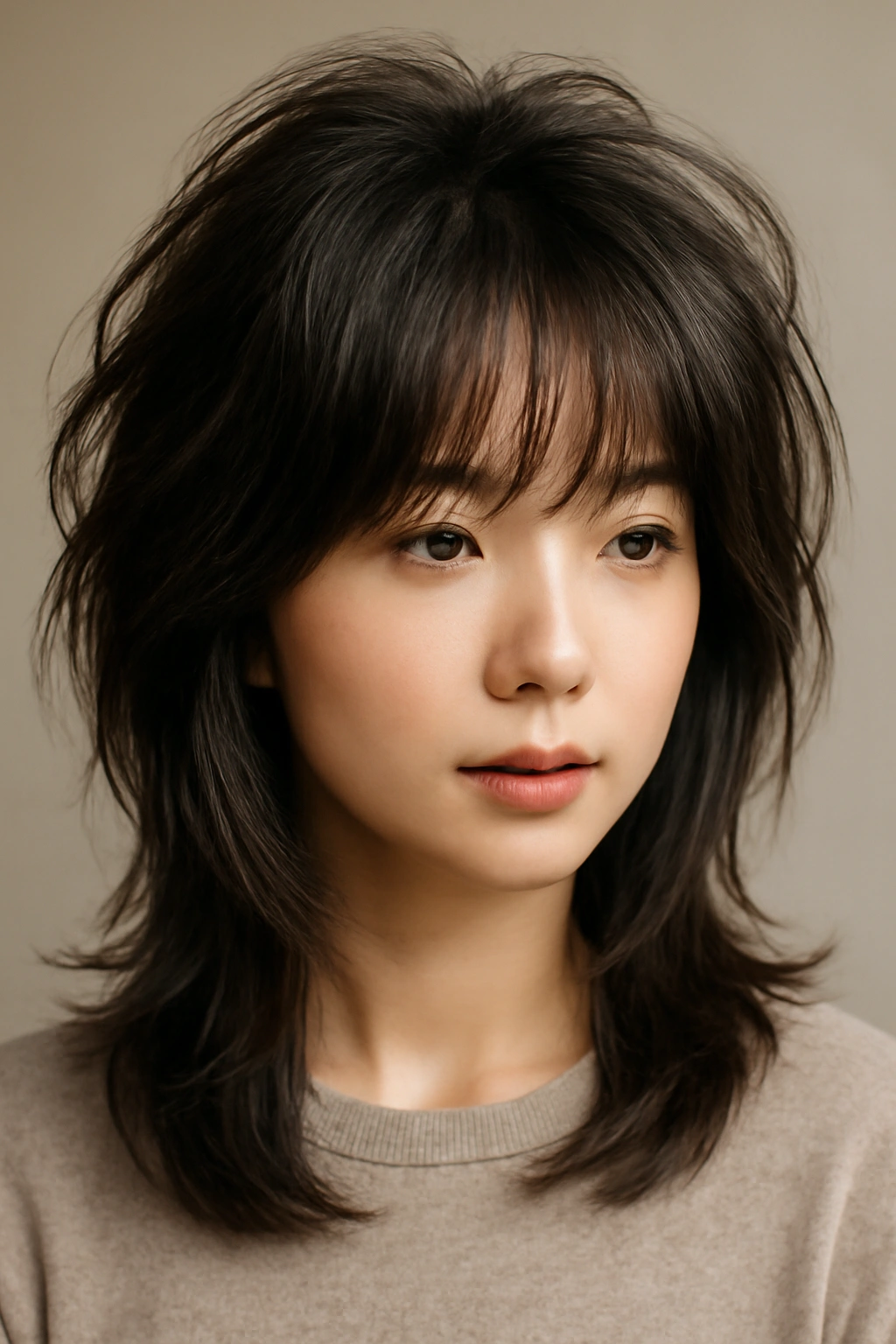 Textured bangs with voluminous crown framing the face