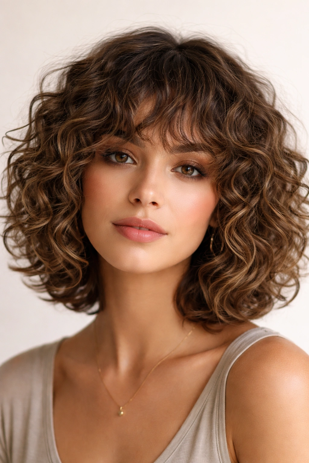 Curly bob with textured bangs blending into layered curls.