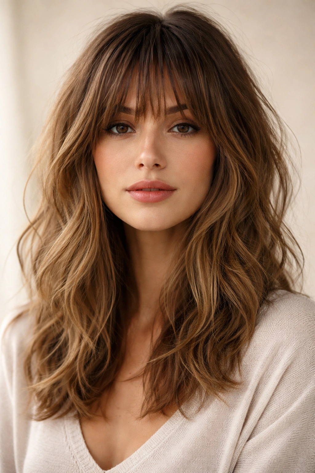 Close-up of textured bangs with layered medium-length hair