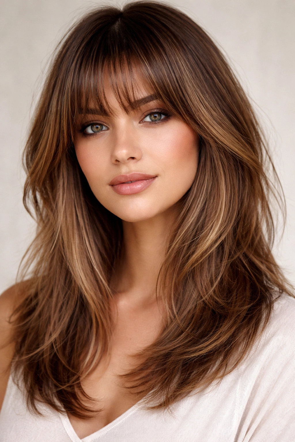 Close-up of medium-length hair with multi-textured bangs and layered back on a model in a studio
