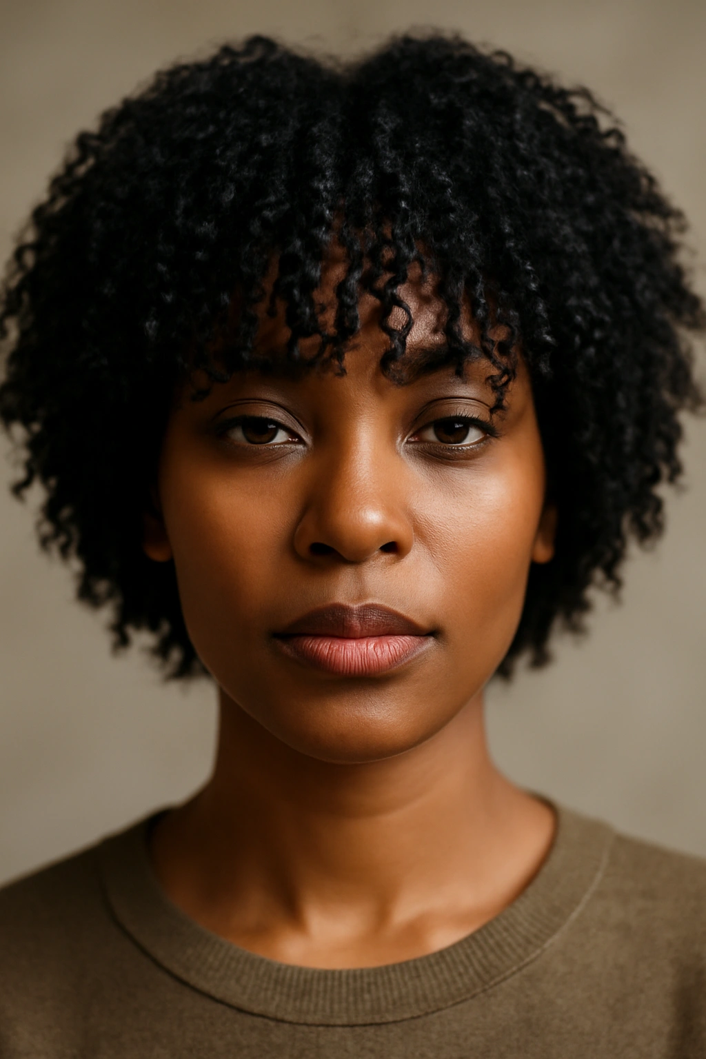 Close-up of a Black woman's textured bangs framing her face with natural curls.