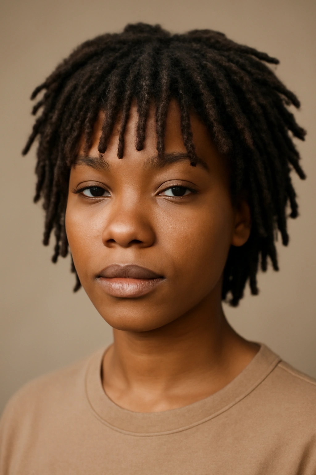 Close-up of short locs with textured bangs across forehead
