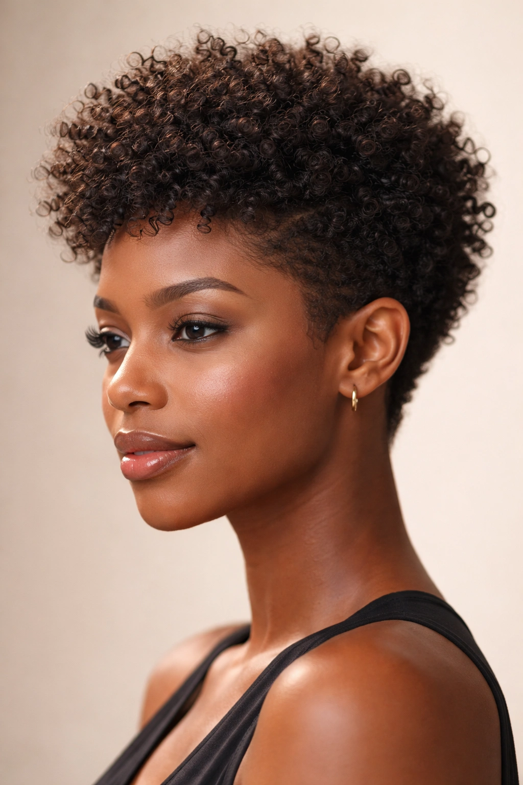 Three-quarter view of a short textured blowout crop showing volume and texture.