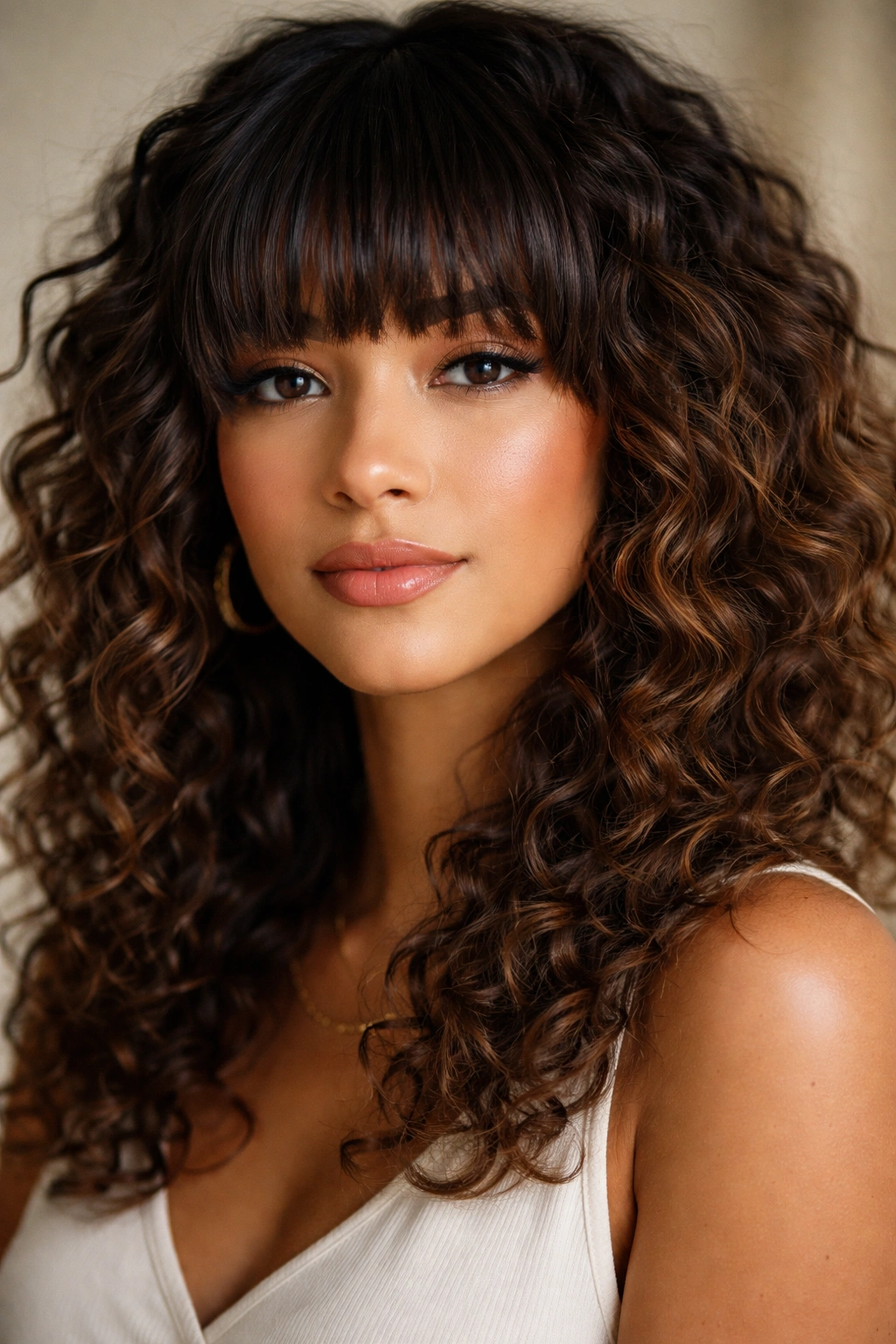 Blunt bangs on curly hair showing texture and movement