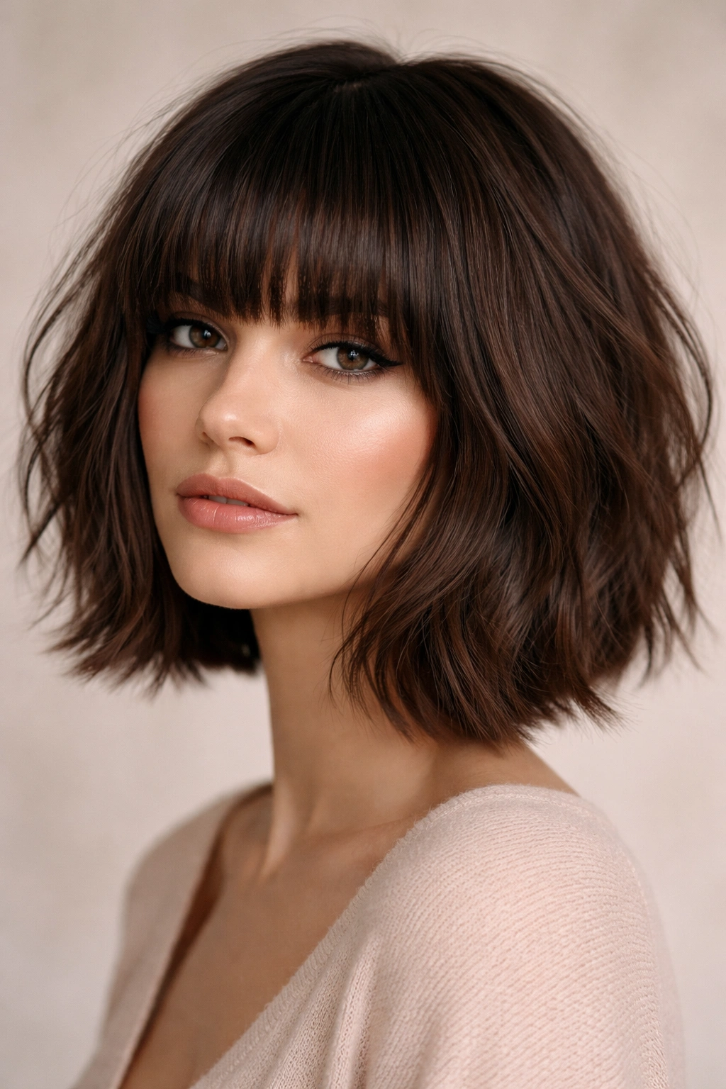 Mid-length textured bob with blunt bangs and layered texture