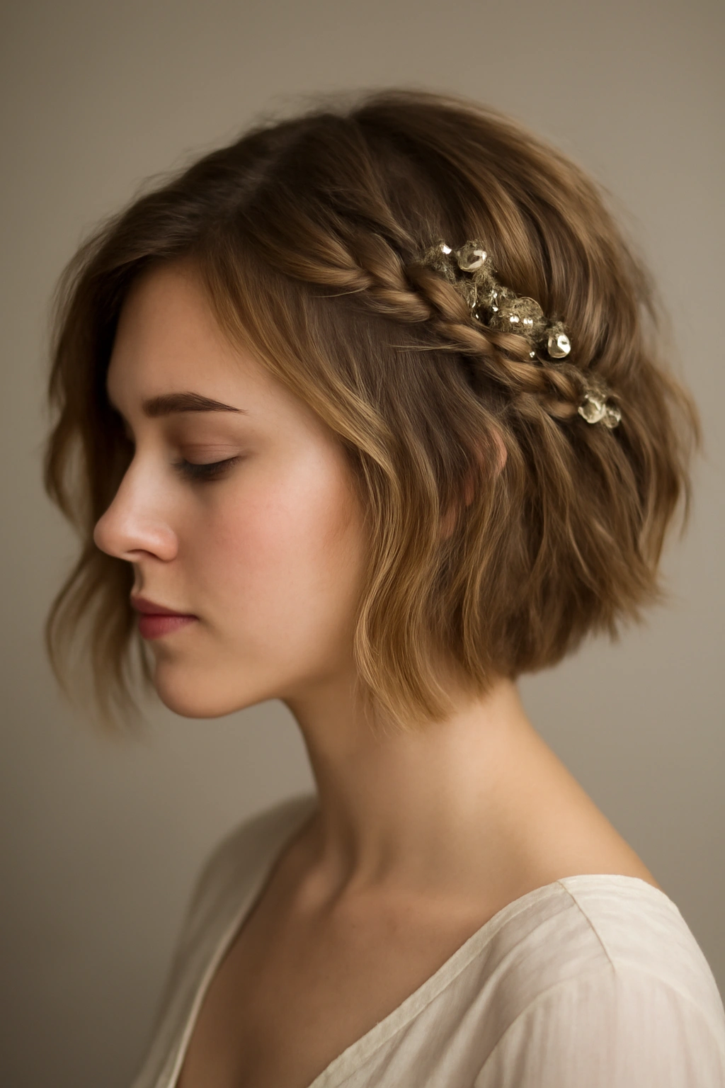 Close-up of a textured bob with a delicate side braid bridal hairstyle