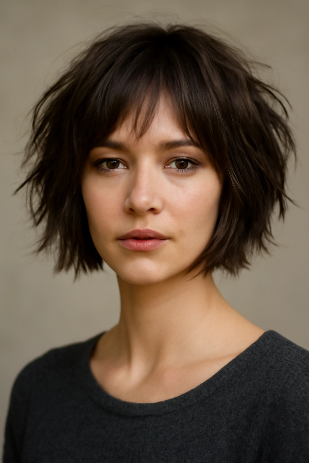 Close-up of a chin-length textured bob with choppy layers