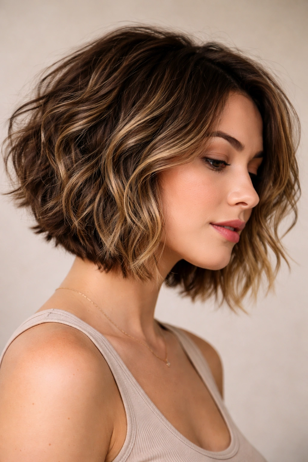 Close-up of textured angled bob with choppy layers showing movement