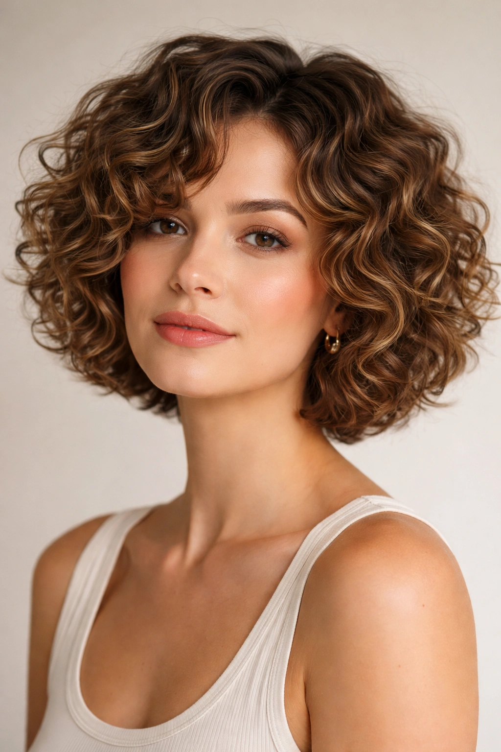 Portrait of a chin-length textured curly bob with defined layers
