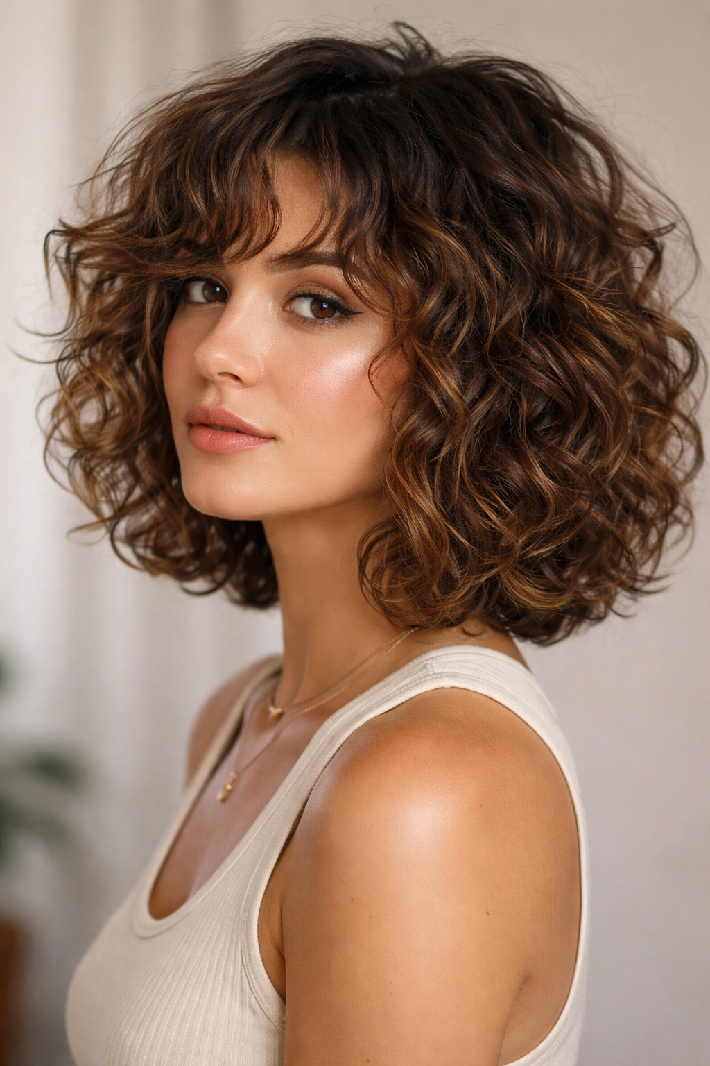 Close-up of shoulder-length curly bob with textured choppy layers and bounce