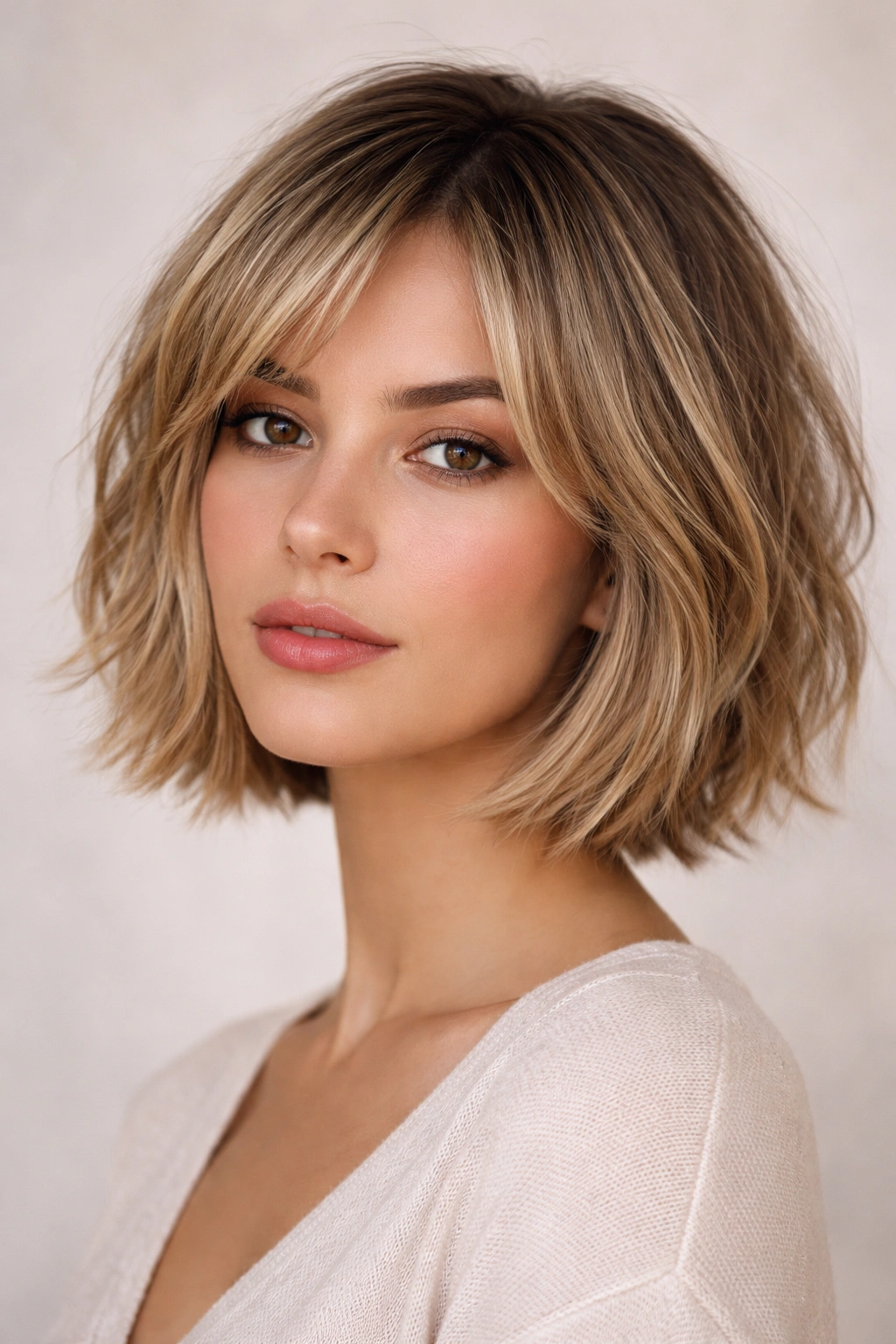 Jaw-length textured bob with face-framing layers highlighting cheekbones and texture