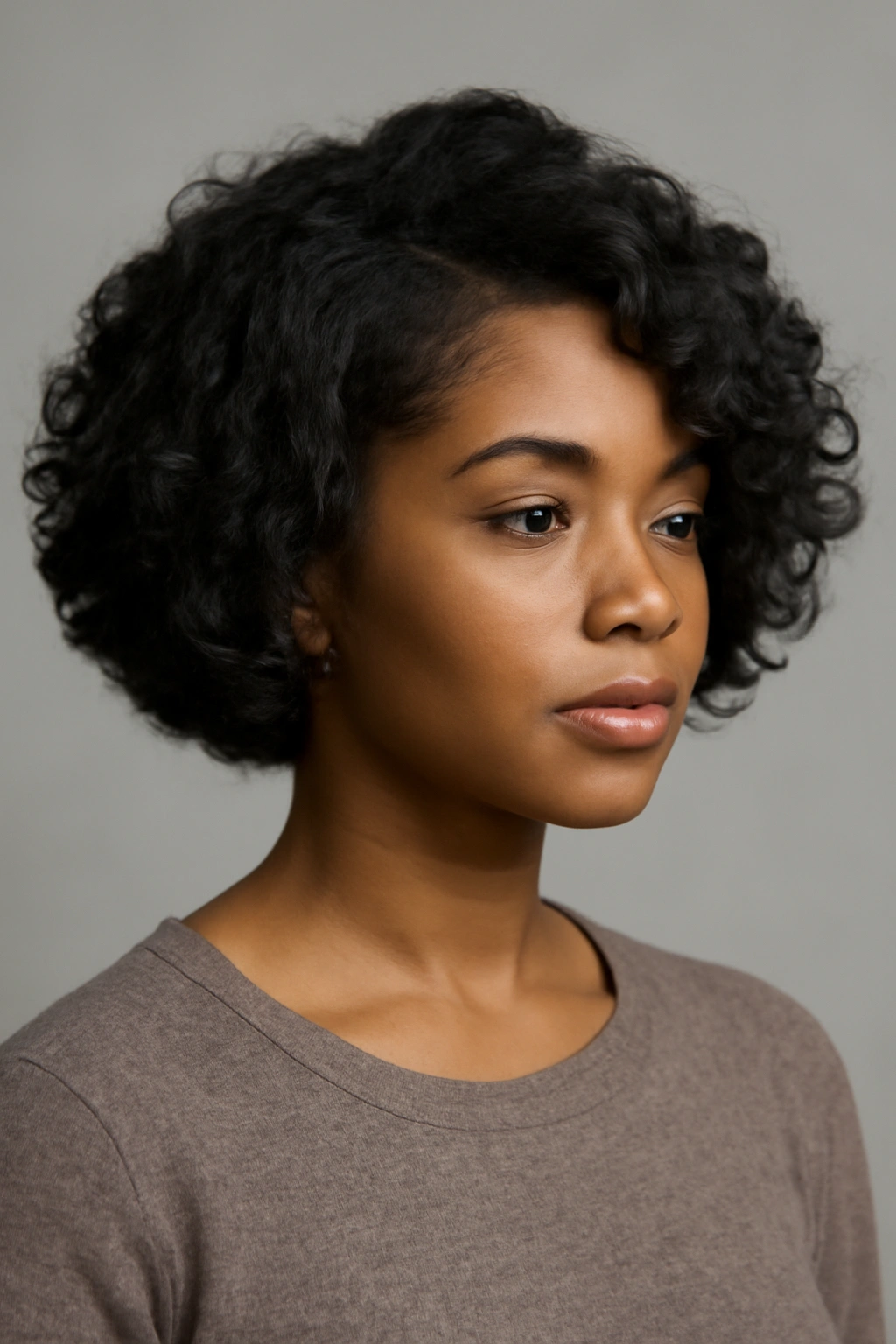 Close-up of a textured bob with flipped ends on curly hair, highlighting layers and curl pattern