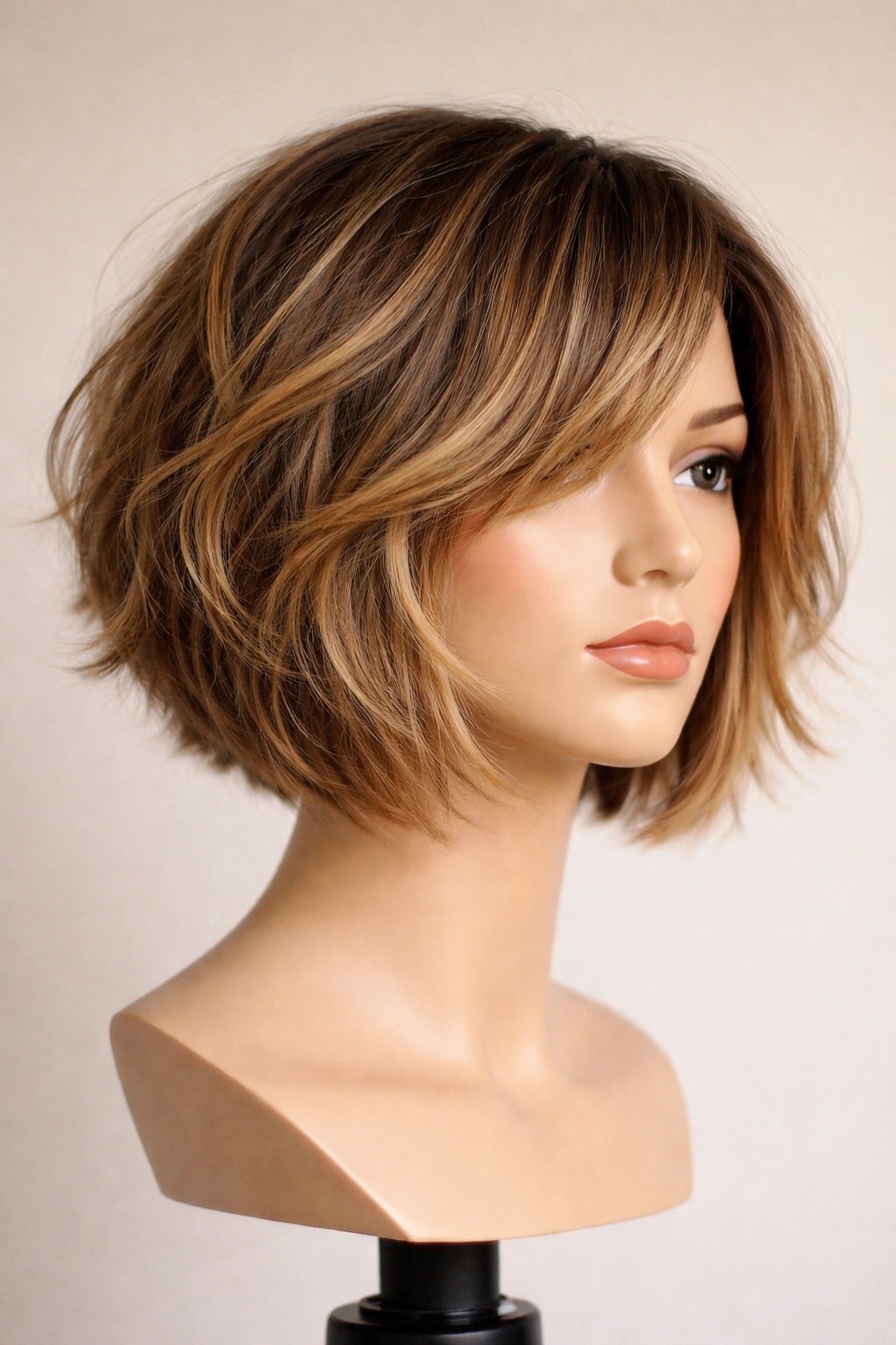 Mannequin head with a chin-length textured bob and choppy layers showing width and movement.