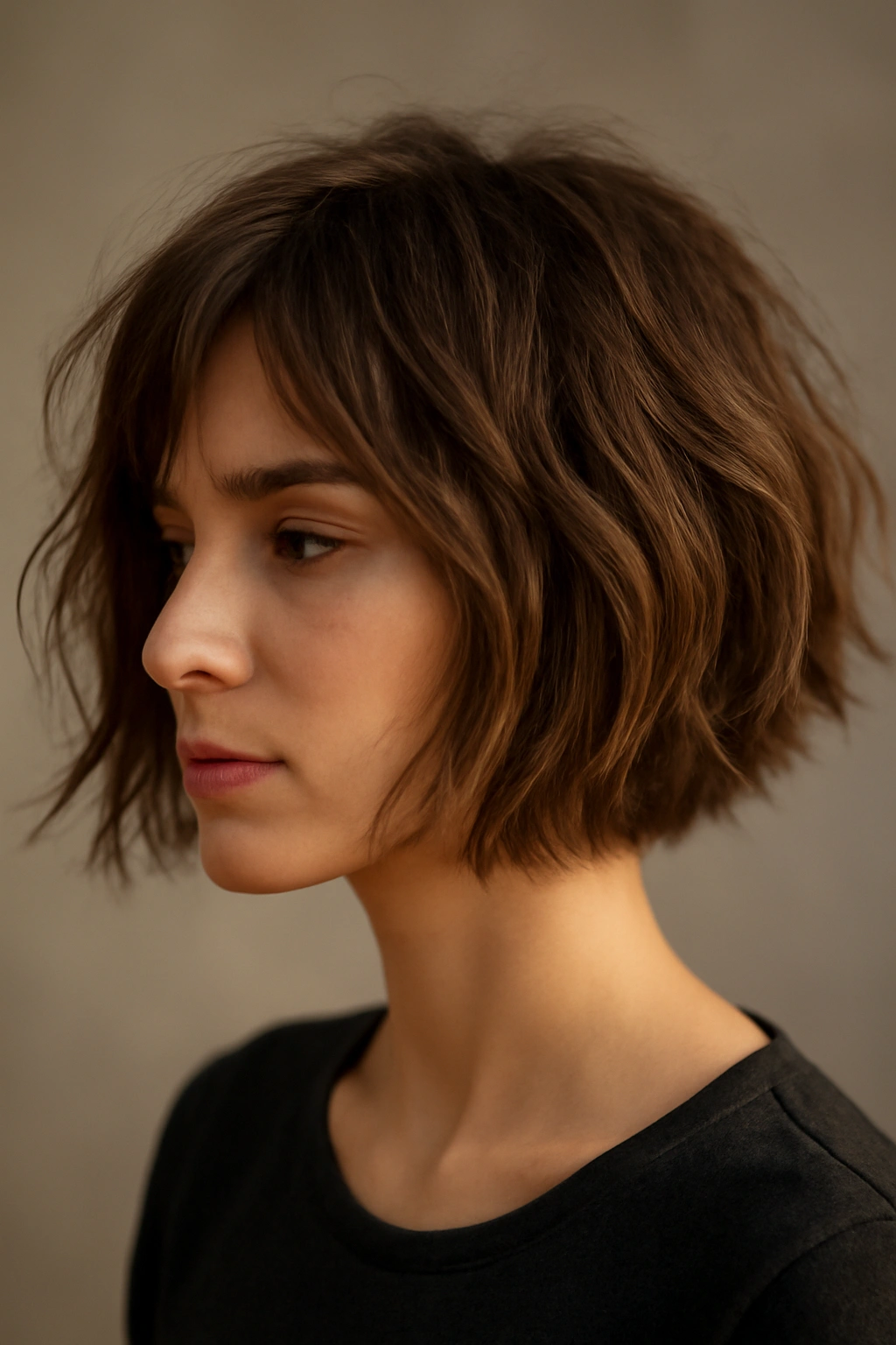 Close-up of textured bob with choppy layers catching light