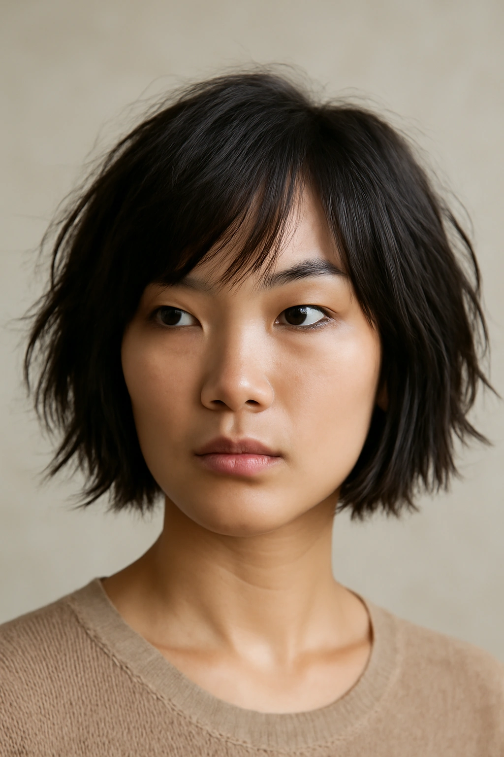 Close-up of Asian woman with textured choppy bob and piece-y layers.