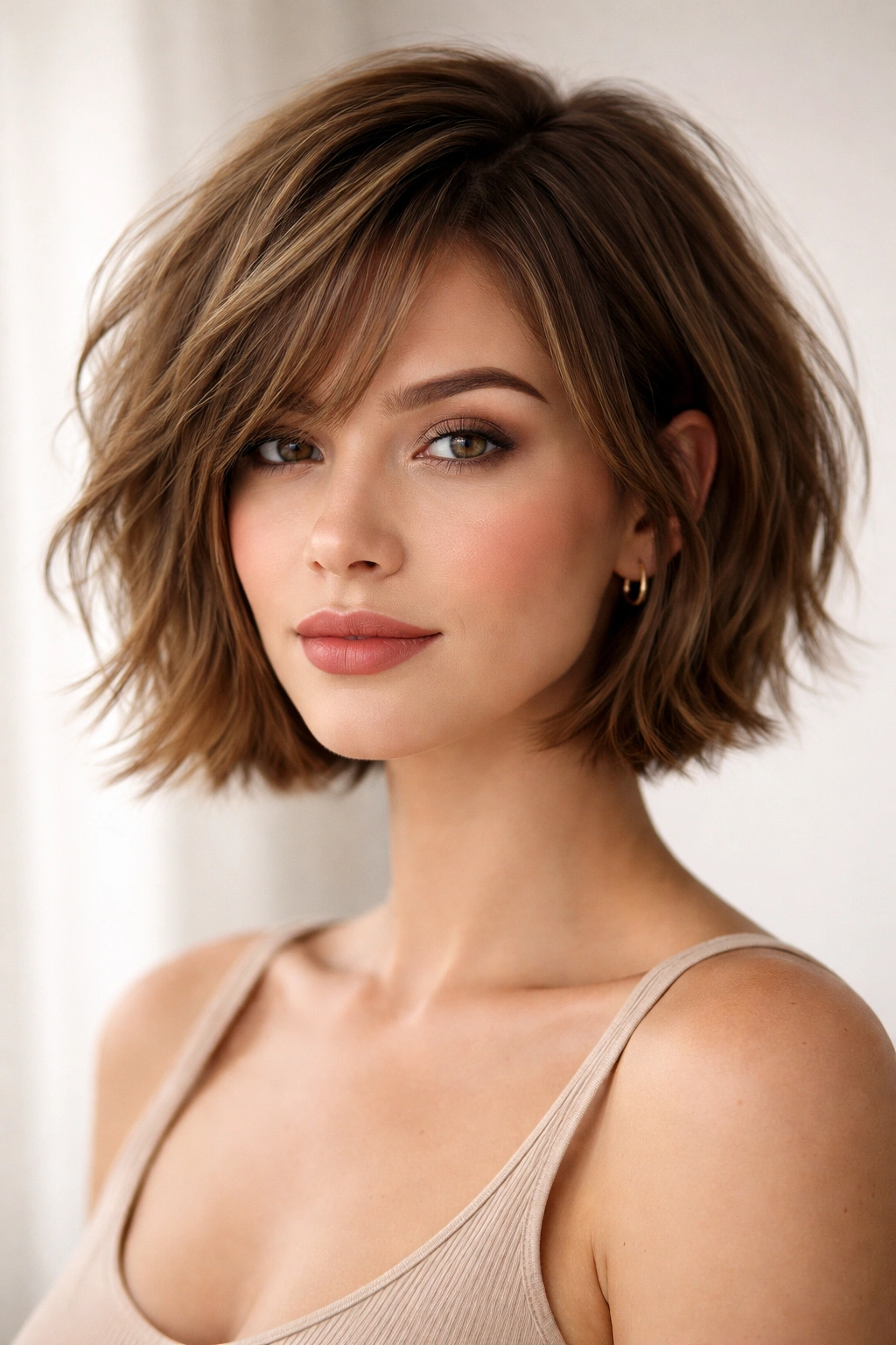 Portrait of a person with a textured chin-length bob featuring choppy layers and movement.