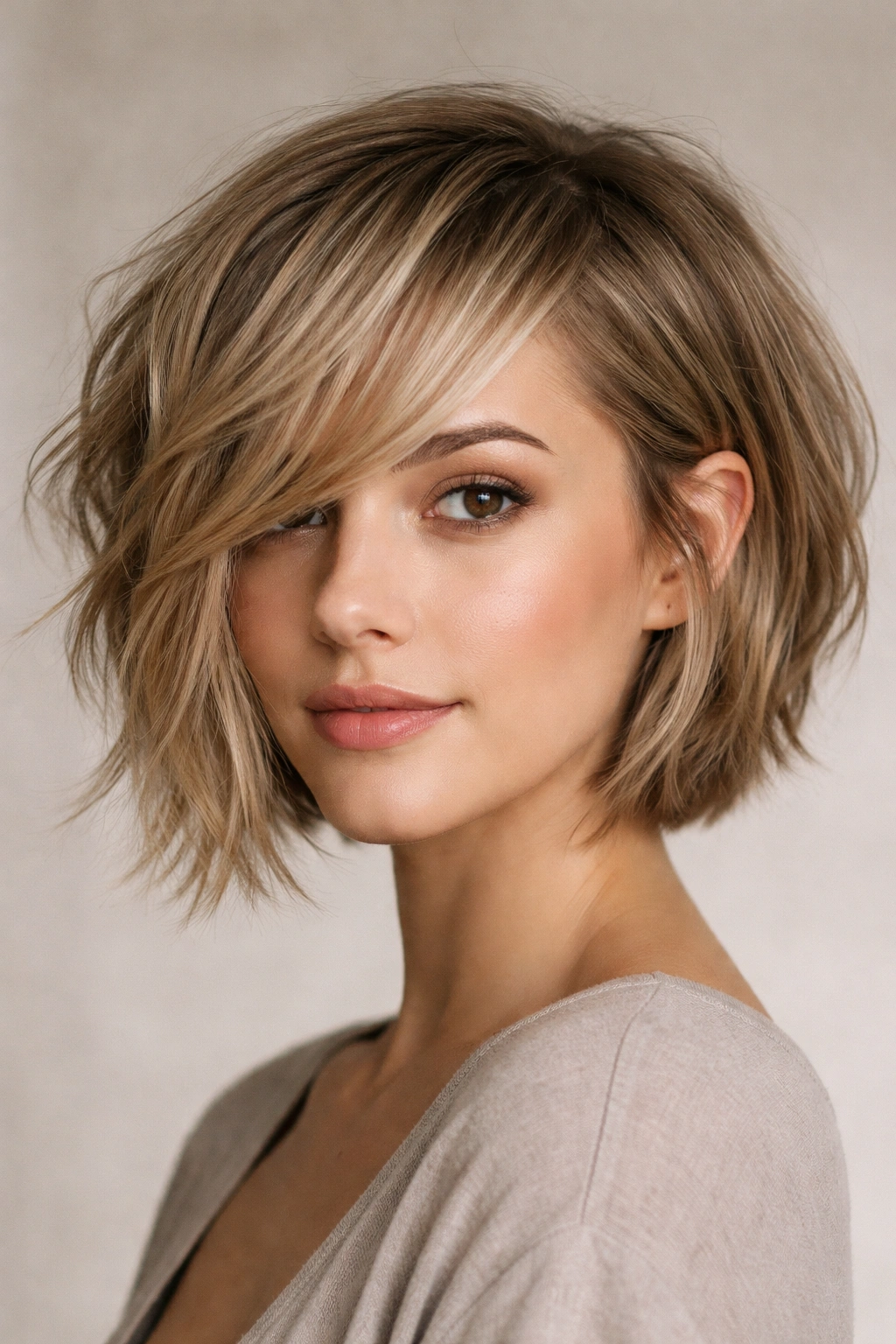 Close-up three-quarter view of a textured bob with shorter back and longer front pieces framing the jaw