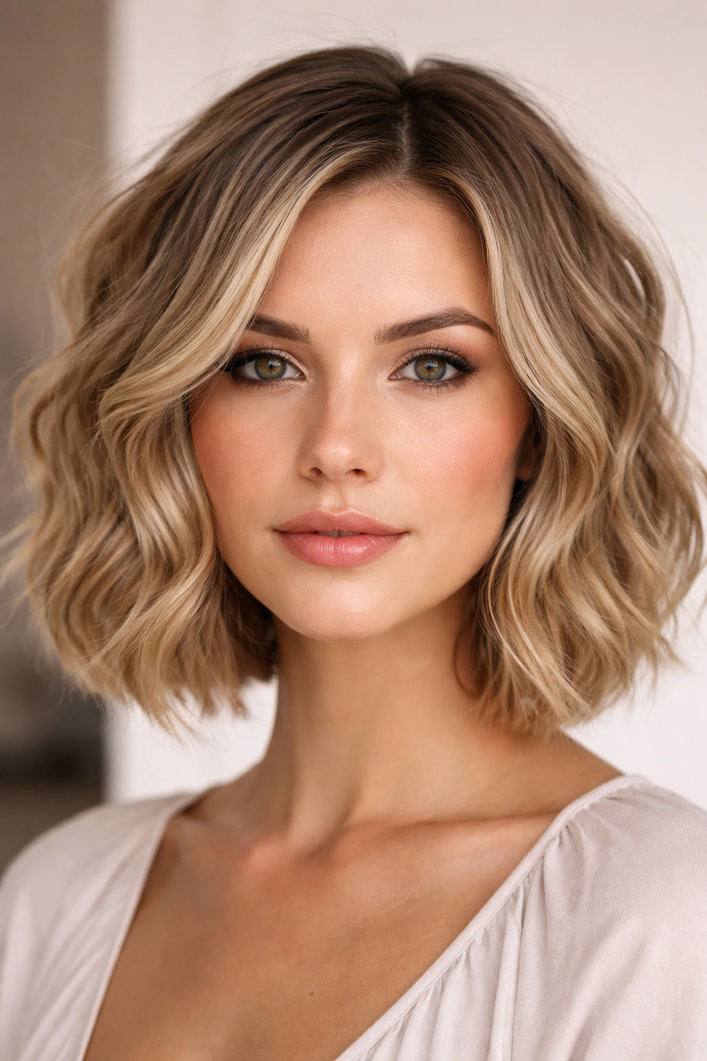 Textured chin-length bob on rectangular face with wavy hair