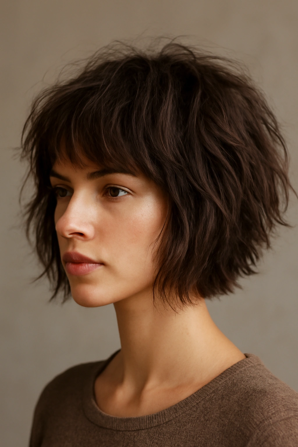 Close-up of textured bob shag hairstyle with layered movement in studio lighting