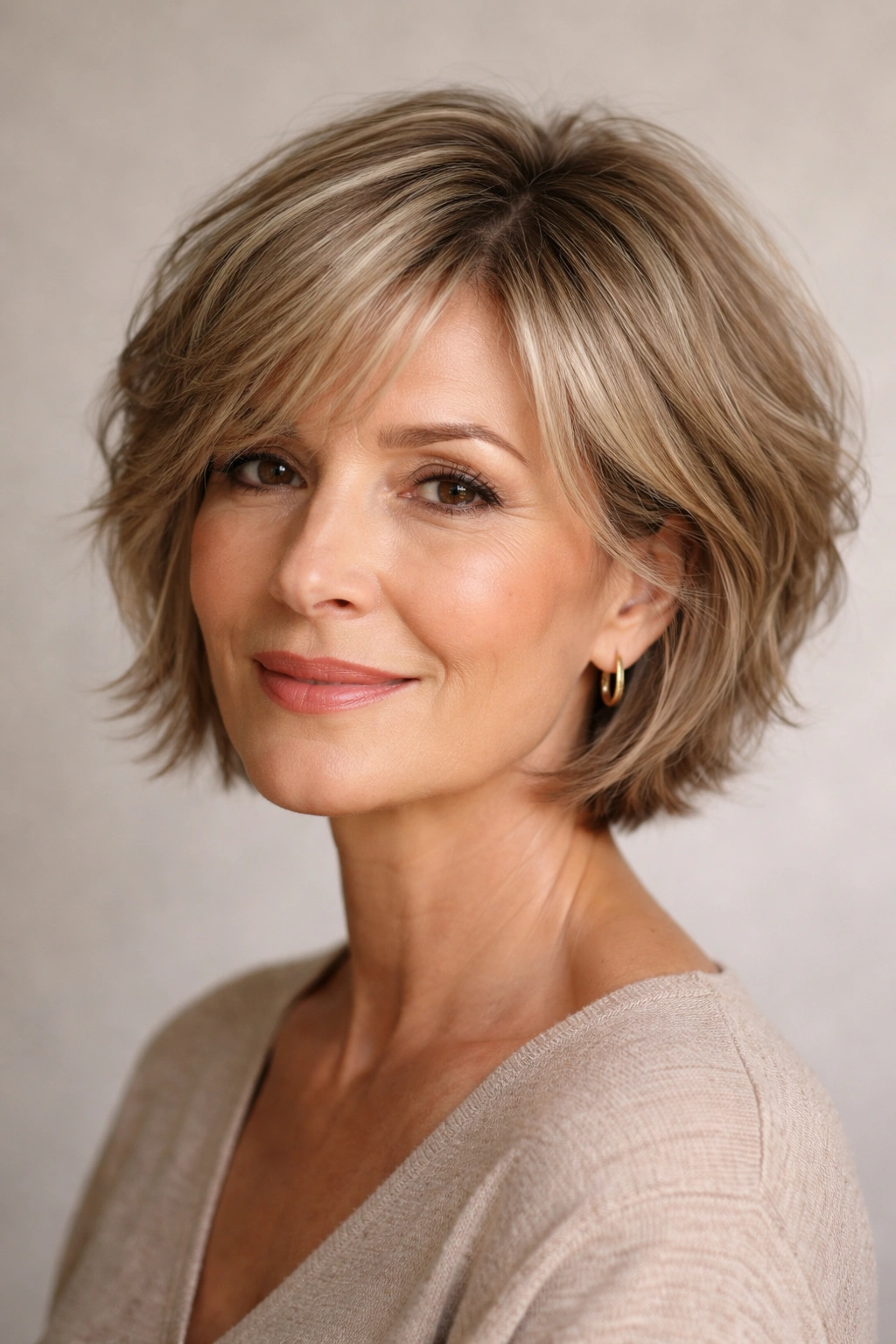 Mature woman wearing a textured bob with soft angled layers and movement