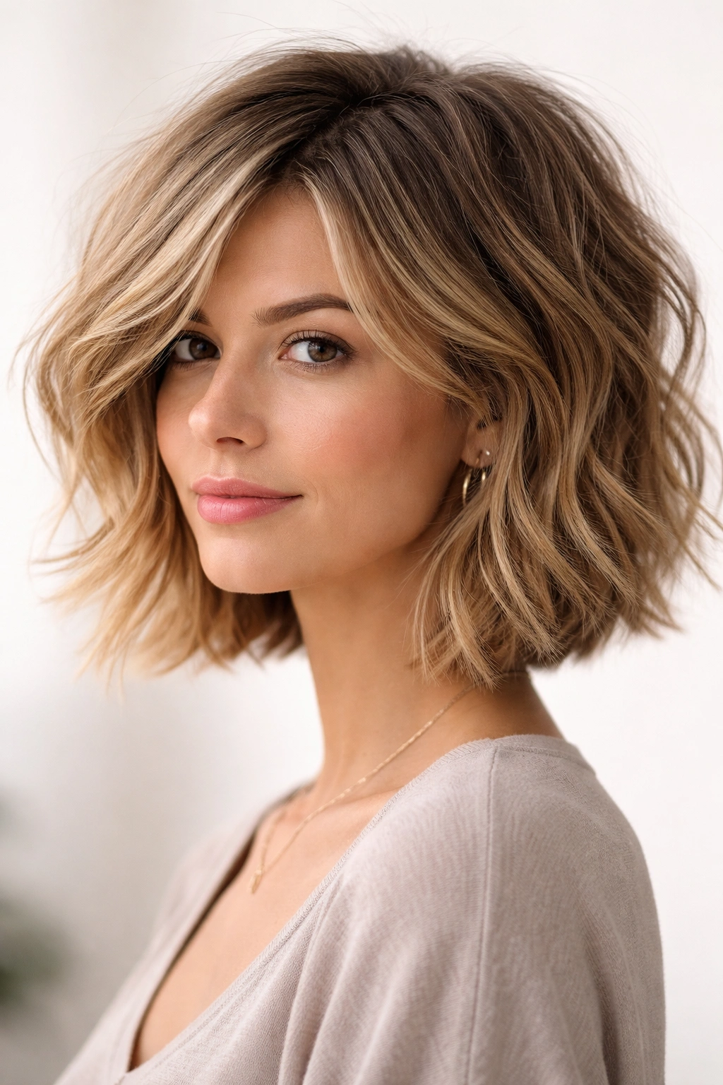 Textured bob hairstyle with collar-length layers and natural movement