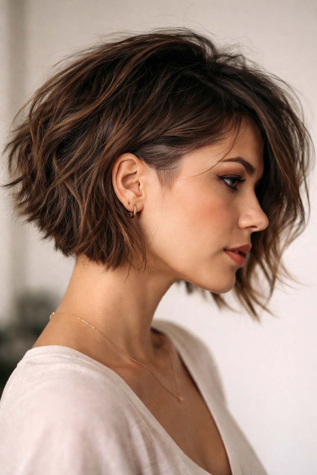 Close-up profile of a textured messy bob with a subtle temple undercut