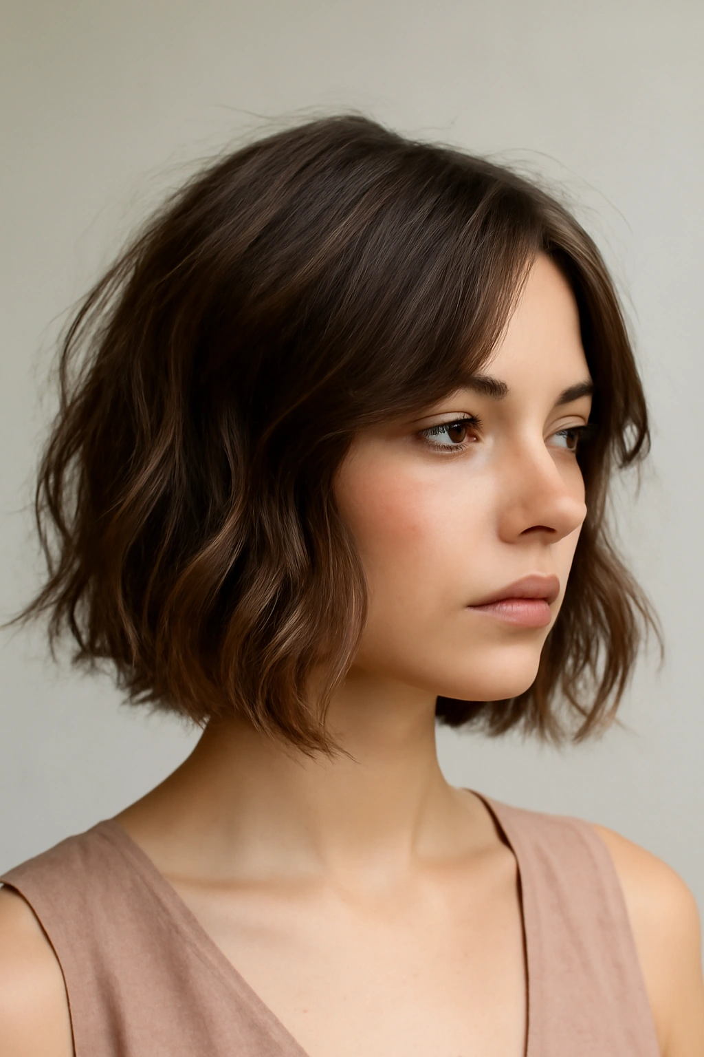 Shoulder-length textured bob with soft waves and choppy layers.