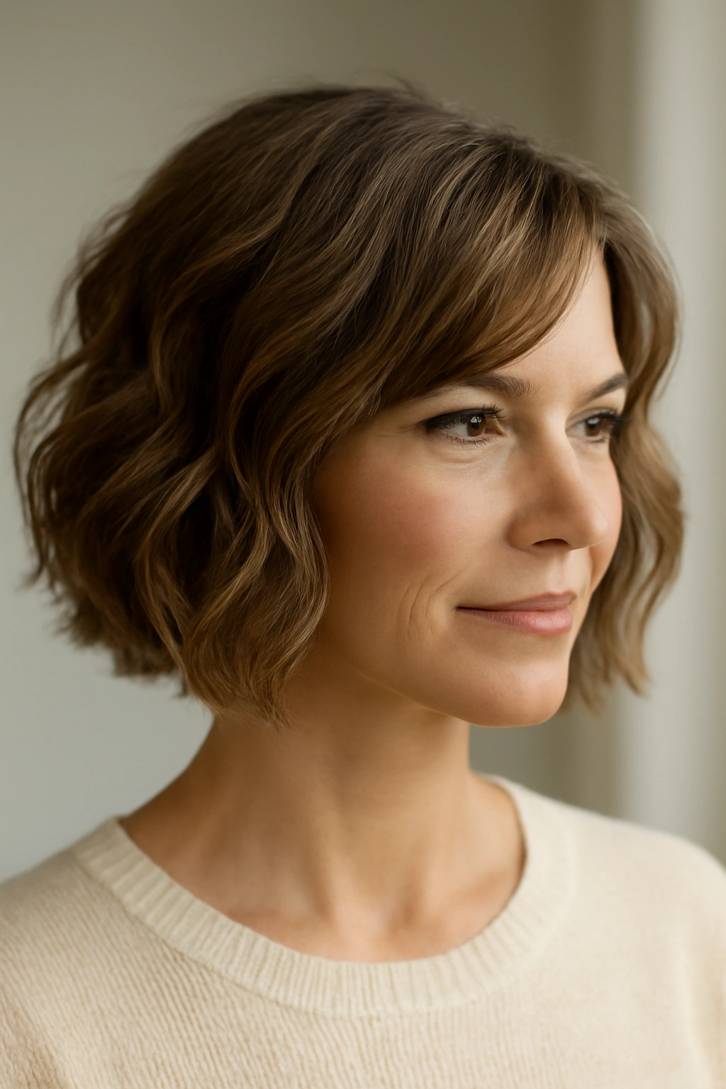 Close-up of Textured Bob with Soft Waves showing movement and face-framing layers