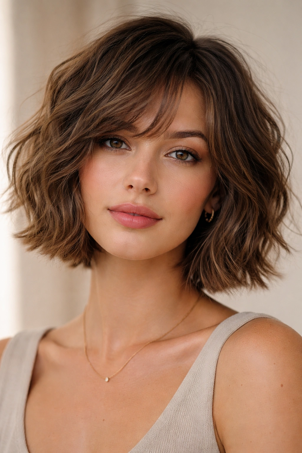 Chin-length textured bob with choppy layers on wavy hair