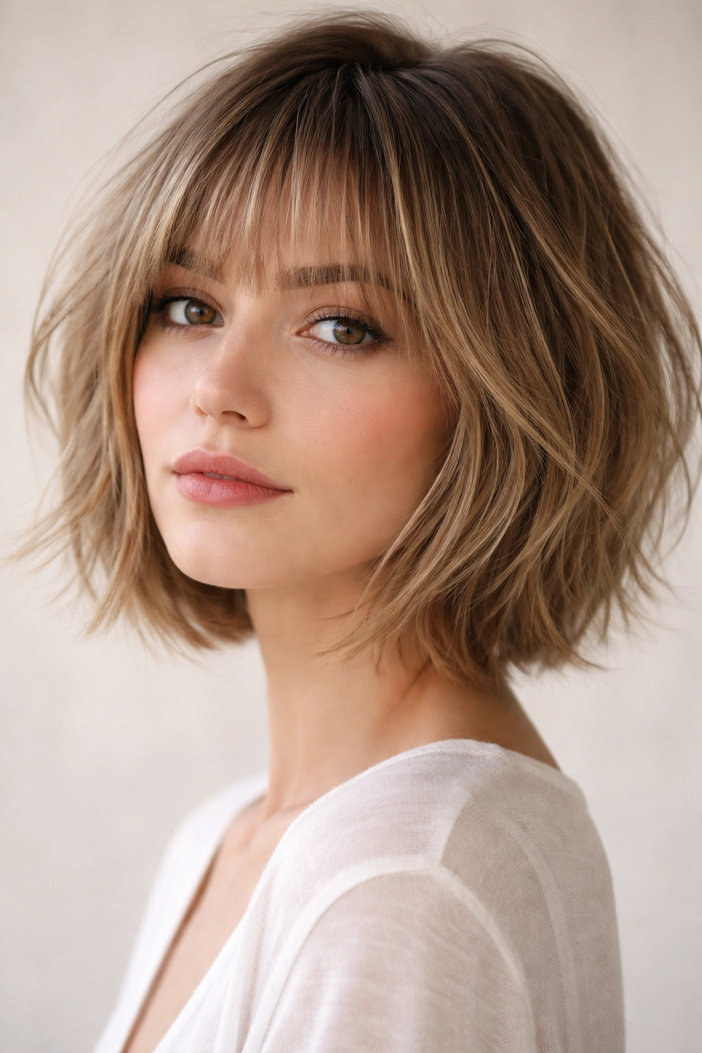 Portrait of a model with a textured bob and wispy bangs in studio lighting
