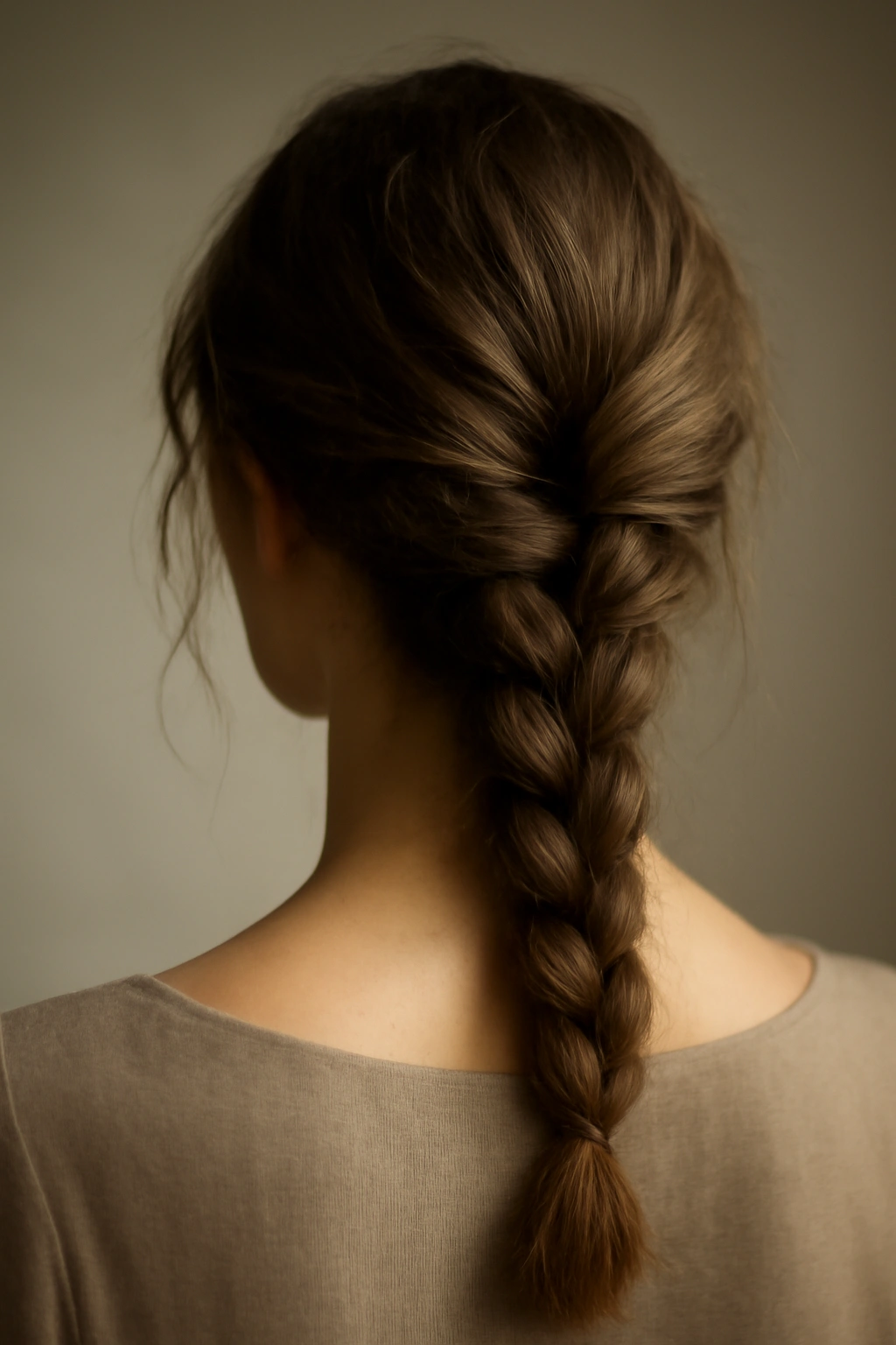 Close-up of a loose textured low braid at the nape of the neck with soft lighting