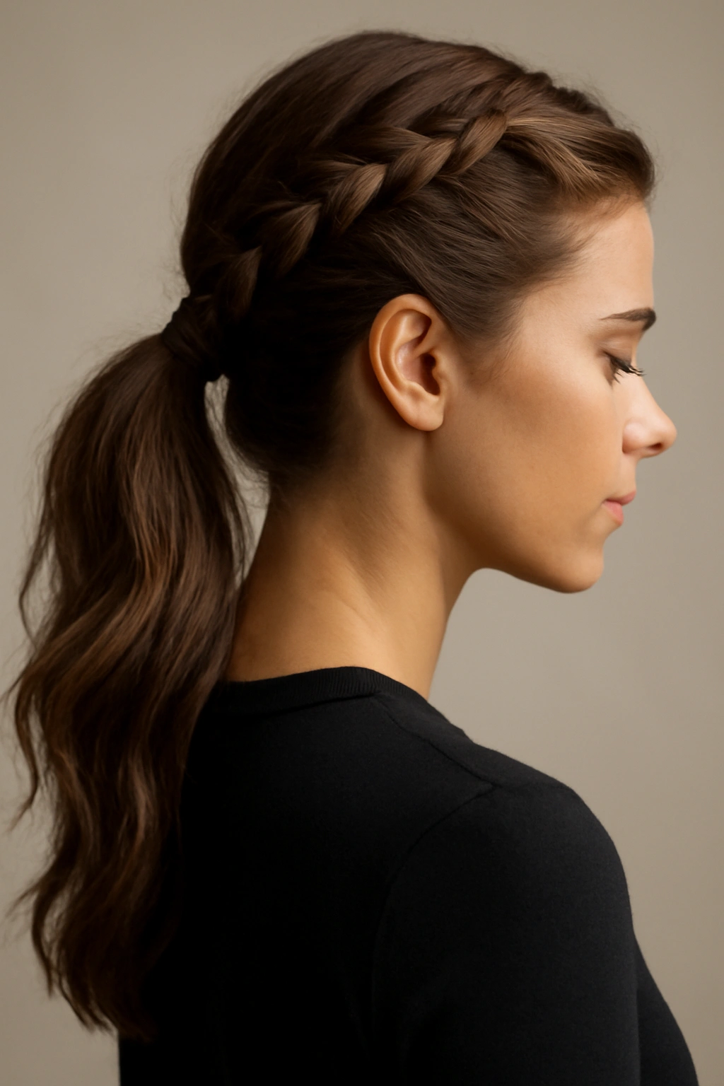 Close-up of a textured side braid forming a ponytail, showing braid texture.