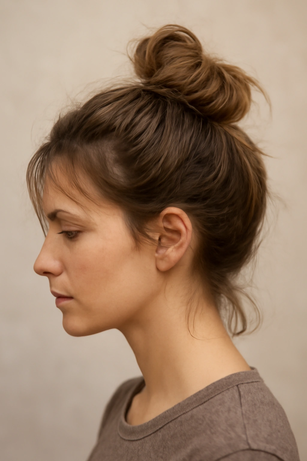 Close-up profile of a short hairstyle featuring a high textured bun at the crown
