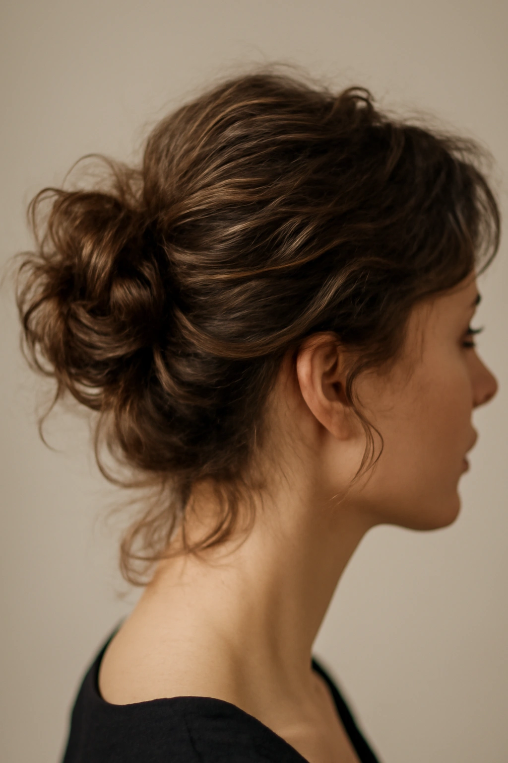Close-up of a textured loose bun on short wavy hair with visible grip