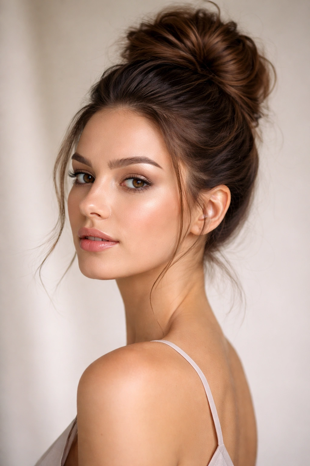 Textured bun with dimensional wraps and exposed neck