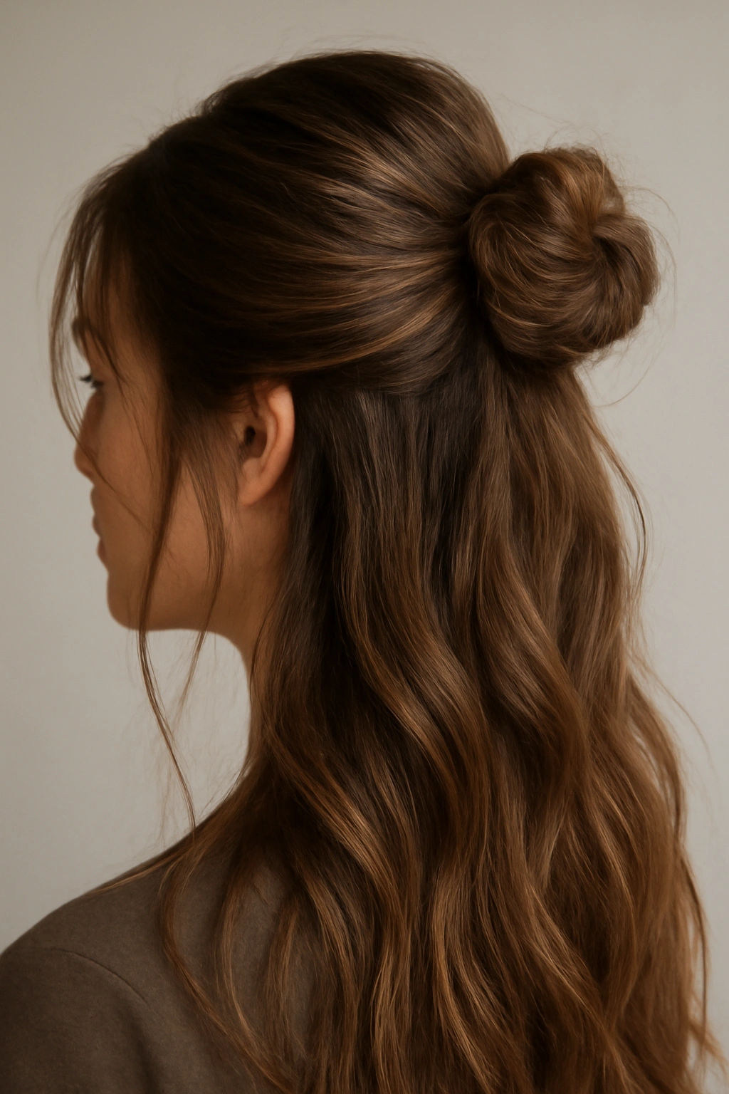 Close-up of a textured half-up bun with wispy face-framing pieces in studio lighting