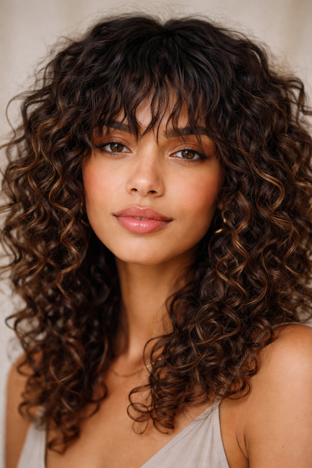 Close-up of textured and choppy bangs on curly hair.