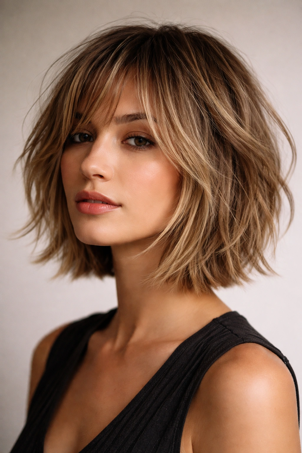 Close-up of chin-length textured choppy layers framing the face