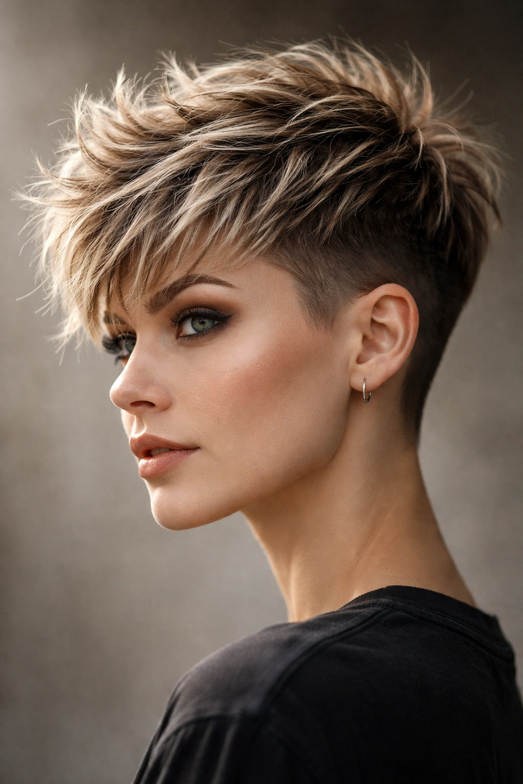 Close-up of a textured choppy pixie with jagged top layers