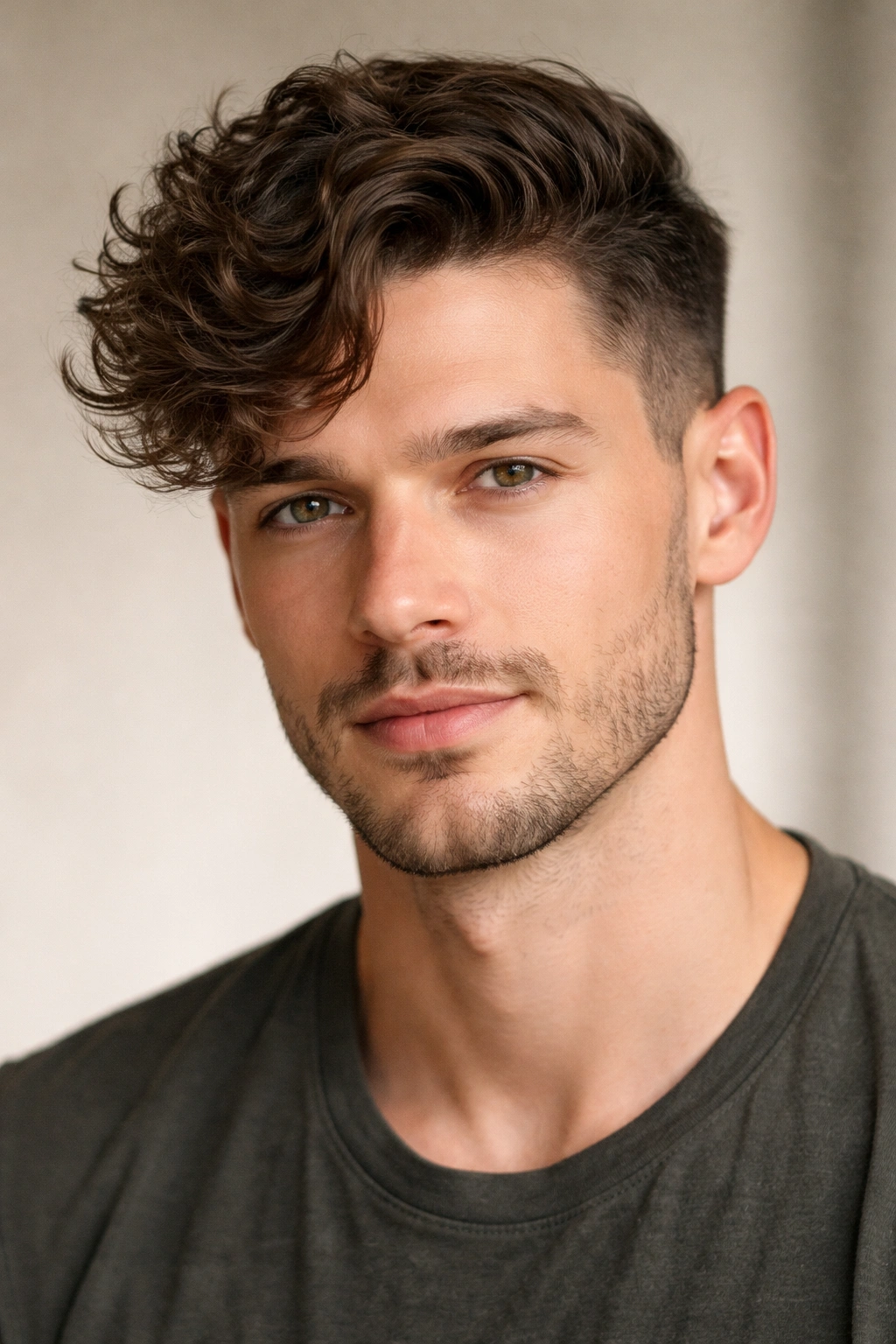 Portrait of a man with textured curly comb-over showing directional curl.