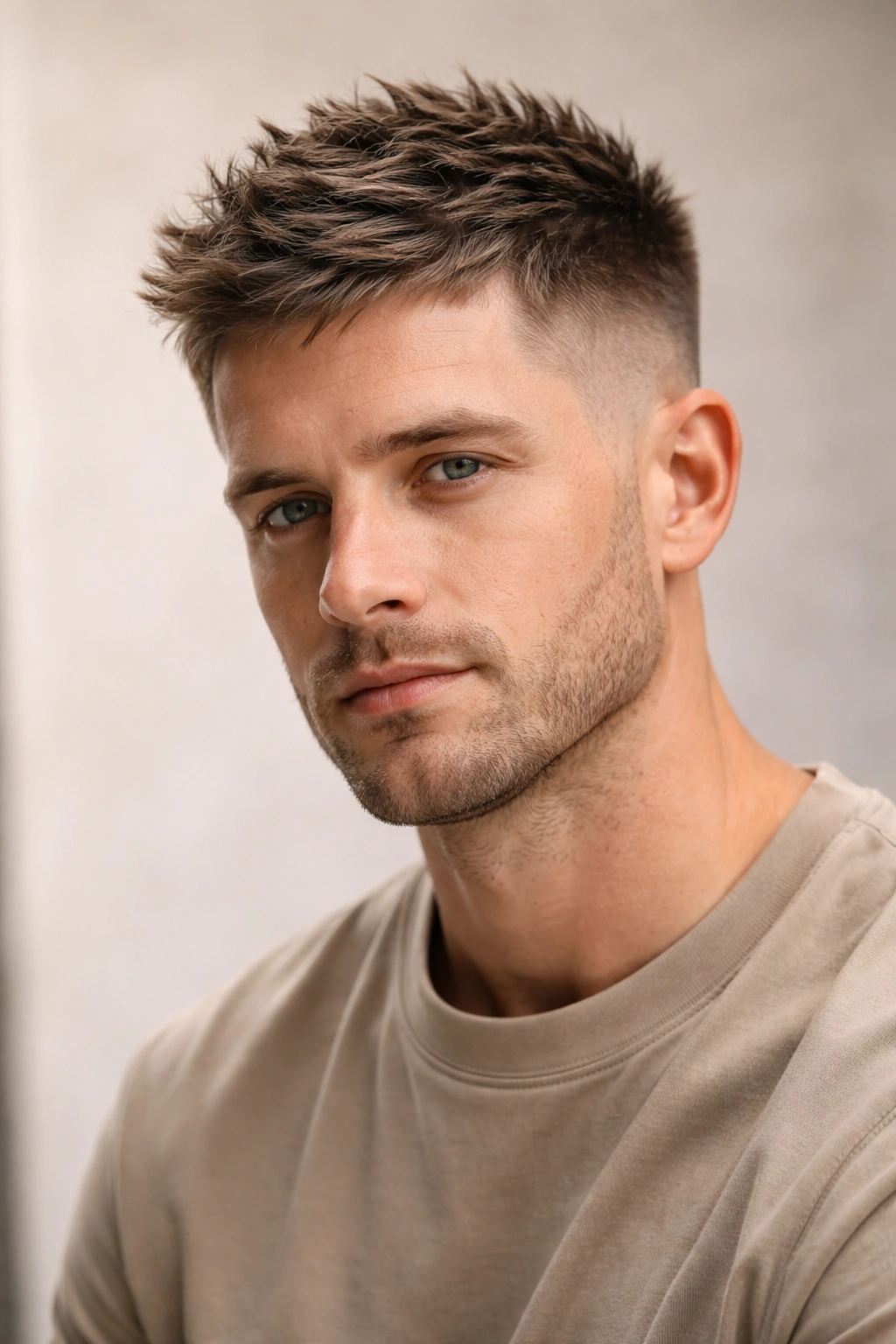 Head-and-shoulders of a textured crew cut showing layered top.