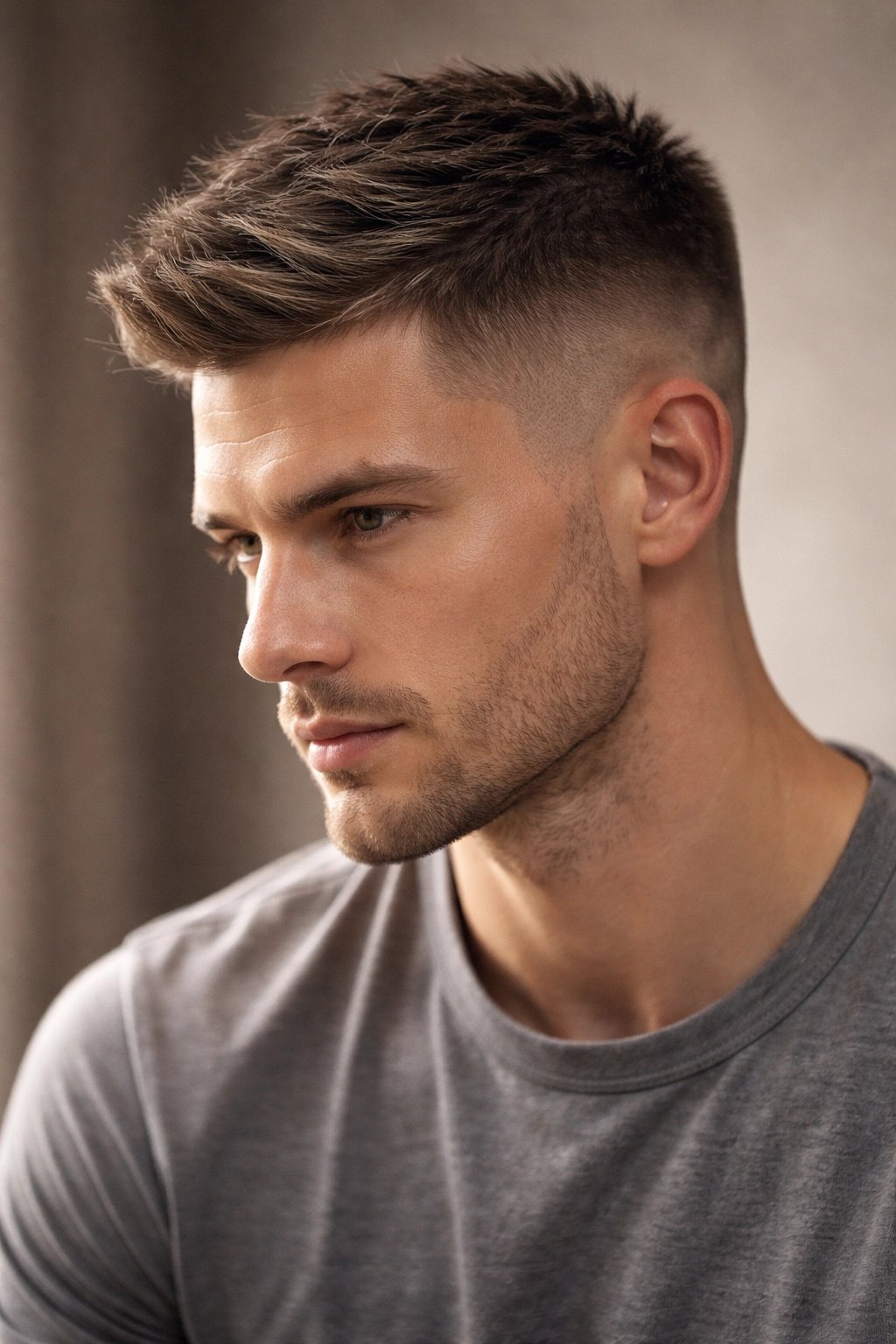 Headshot of a textured crew cut showing defined texture and light-catching top