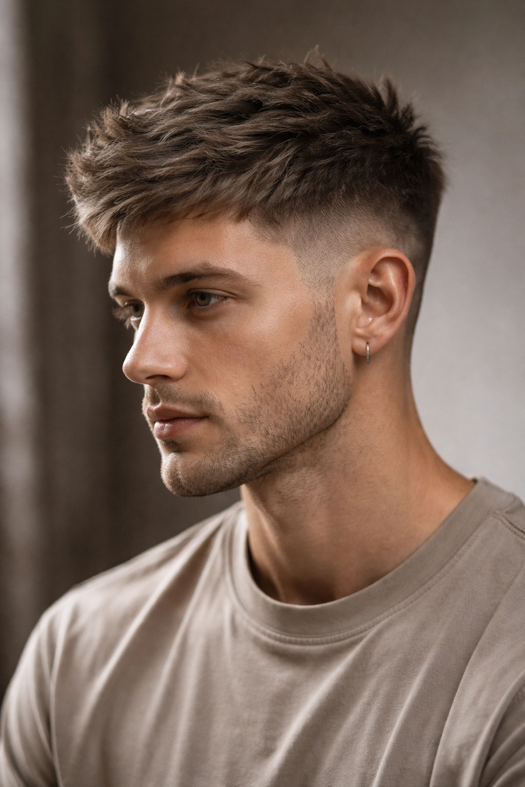 Portrait of a person with a textured crop haircut showing short sides and longer textured top.