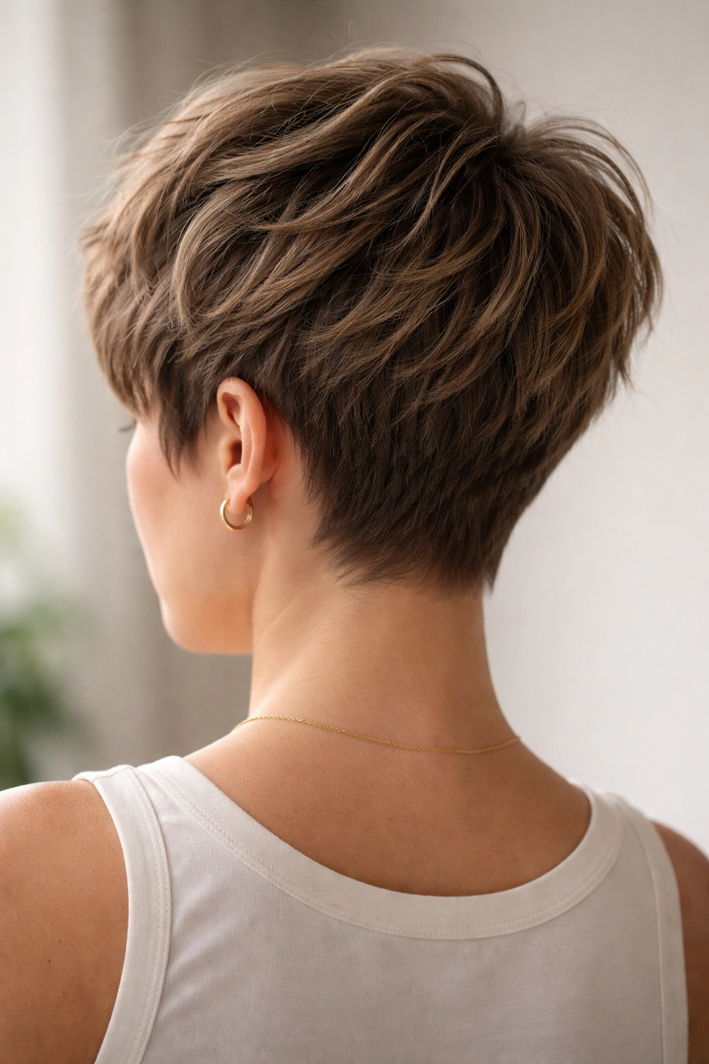 Back view of a textured crop with choppy layers and dimensional silhouette.
