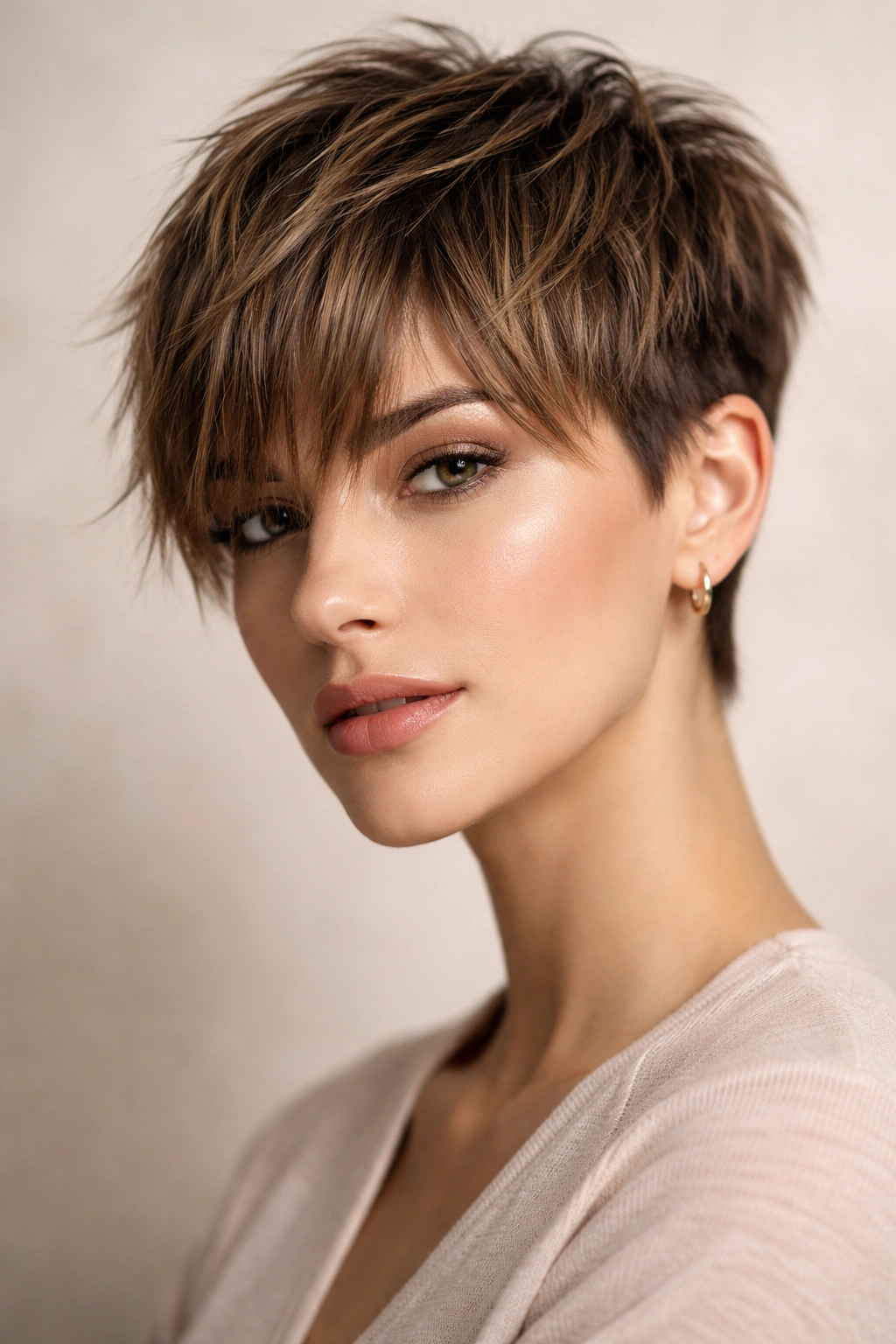 Portrait of a person wearing a short textured crop with longer bangs
